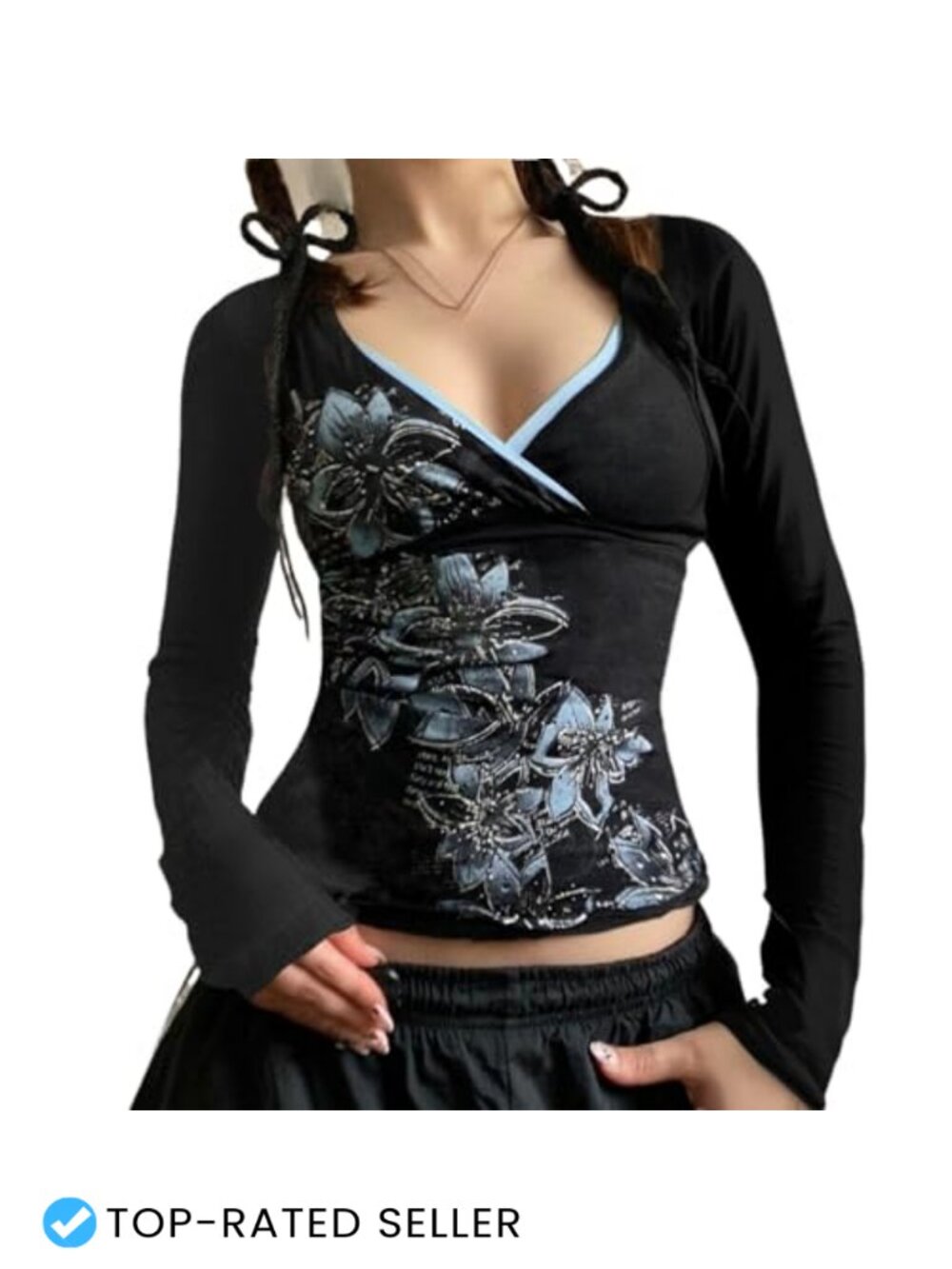 Y2k V Neck Floral Long Sleeve Top Fairy Grunge Vintage 2000s Emo Cute Graphic